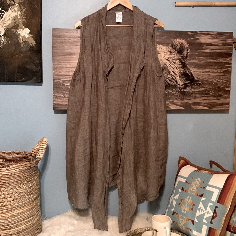 NWOT 100% linen long waterfall sleeveless jacket vest sz lg